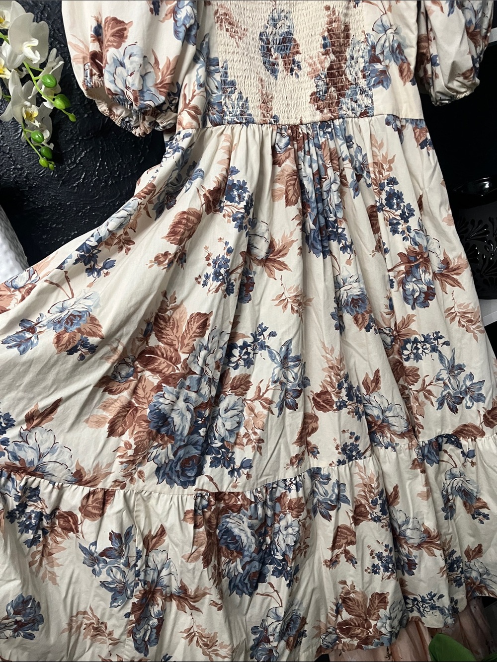 Abercrombie & Fitch Emerson Cream Midi Dress with Blue & Brown Floral Print - Picture 12 of 13